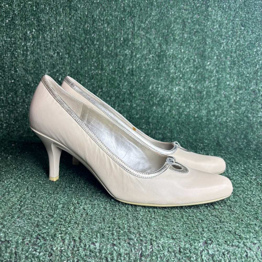 Aerosoles Leather Metallic Trim Pointed Toe Classic Pump Beige Womens Size 10